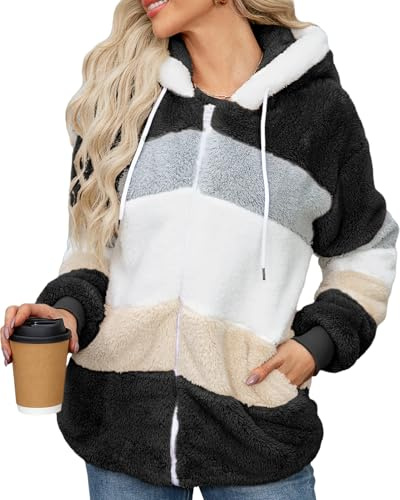 Yuson Girl Manteaux Polaire Zippée pour Femme Hiver Veste Chaude à Capuche Sherpa Doublure en Peluche Outercoat Doux Ample Épaissir Blouson Chaud Décontractée Veste Avec Poches(Noir, M)