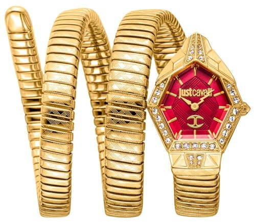 Just Cavalli Damenuhr, rotgoldenes Gehäuse, silberfarbenes Zifferblatt, zweifarbiges Silber- und Roségoldfarbenes Metallarmband, 2 Zeiger, 3 ATM