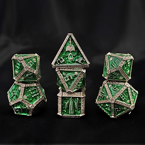 Undead Würfel-Set, Skelettkopf, massives Metall, für DND TRPG, Pathfinder, Tischspiele, TRPG Wizard Evil D20, D12, D10, D8, D6, D4 (Grün)