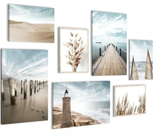 Novart Wandbilder Strand Meer Leuchtturm - KOMPLETT AUFHÄNGFERTIG - Blau Beige Wohnzimmer Schlafzimmer - 7 Moderne Mood-Bilder - N007172a