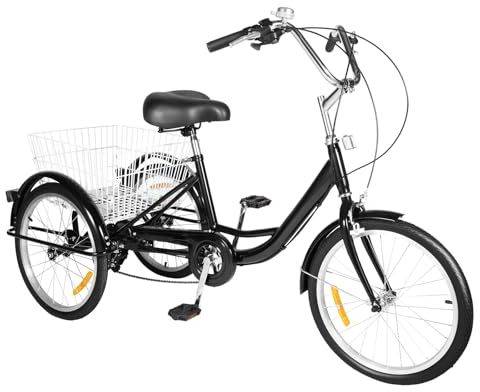 CLEADONG 20 Zoll Dreirad für Erwachsene, 8 Geschwindigkeit 3 Räder Adult Fahrrad mit Einkaufskorb und Glocke, Dreirad mit Einstellbare Griff für Erwachsene, Schwarz