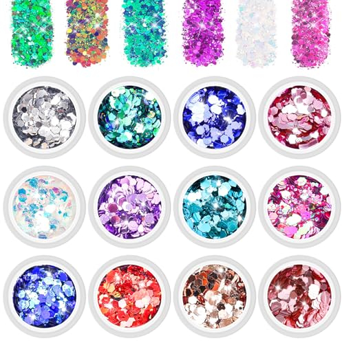 BISHENGYF Glitzer Gesicht, 12 Color Festival Glitzer Gesicht Puder Set Silber【Upgrade Pailletten】Nail Glitzerpulver Face Glitter, Holographic Schminke for Eye and Hair, Nail Art and Bastelnglitzer Diy