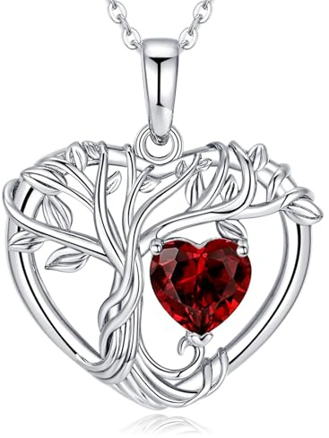 LOCIBLO Collar de árbol de la vida para mujer, plata de ley 925, colgante de corazón, oro blanco, piedra natal, joyería para ella, 45,7 cm + 5 cm, Cristal Chapado en oro, Granate sintético