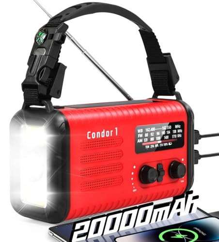 Wind Up Solar Radio, Emergency Crank Radio, 20000mAh Survival Solar Hand Crank Weather Radio with AM/FM, Battery Powered Radio with Cell Phone Charger, Flashlight & SOS for Emergencies/Home