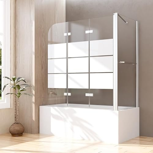 Duschwand für Badewanne mit Seitenwand 75x120x140cm 3-teilig Faltbar Badewannenaufsatz, Gestreift Glas Duschabtrennung aus 6mm ESG Sicherheitsglas, Badewannenfaltwand Klarglas Duschtrennwand