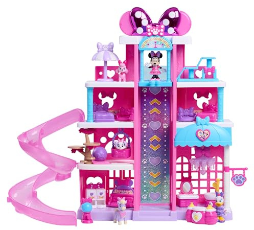 Just Play Conjunto Interactivo de Hotel para Mascotas de 53,3 cm Minnie Mouse de Disney Junior con Luces y Sonidos, 23 Piezas, 4 Plantas para Jugar, Juguetes para niños a Partir de 3 años