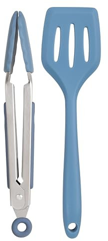 Wiltshire Silicone Mini Kitchen Tongs & Turner, Set of 2, Serving Spatula & Cooking Tongs, Salad BBQ Tongs Stainless Steel, Fish Slice, Heat-Resistant Utensil, Non-Stick, Non-Scratch, Petrol Blue