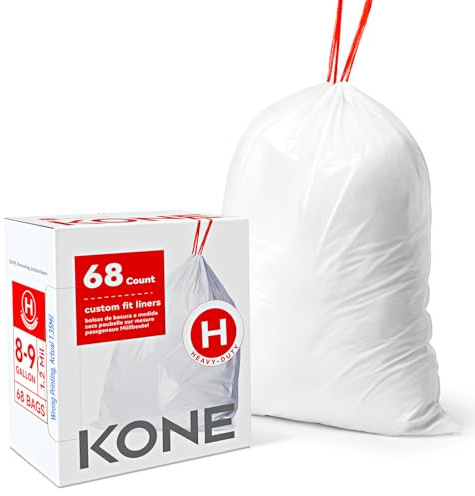 KONE Custom Fit Trash Bags Compatible with Simplehuman Code H, 68 Count Drawstring Garbage Bags, Dispenser Pack Trash Bin Liners For Kitchen, Bathroom, Home, 35 Liter / 8-9 Gallon