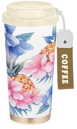 Caihoyu - Vasos de viaje para café con tapas, taza de café de acero inoxidable para llevar para frío y caliente, 17 onzas, a prueba de derrames, piña y flores