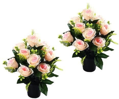 2 piezas de rosas de seda artificiales, arreglos florales para cementerio, cementerio, recuerdo y decoración del hogar