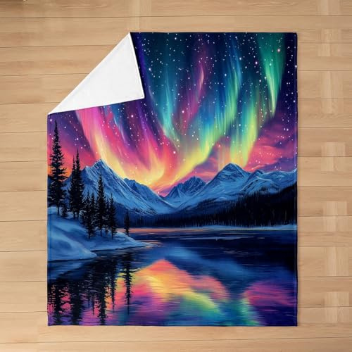 richhome Mountain Lake Flannel Fleece Blanket Queen 90x90Inch Kids Aurora Starry Night Sky Plush Throw Blanket Boys Girls Nature Landscape All Season Bed Blanket for Sofa Couch Galaxy