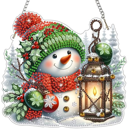 Bowetile Diamond Painting Anhänger Schneemann mit Laterne, Weihnachten Diamond Painting Fensterbilder für Erwachsene, Kinder Hängende Ornament Motive Bastelset für Wand Fenster Garten, Decor Geschenk