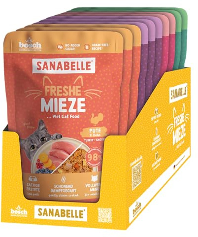 Sanabelle Freshe Mieze – Mixtray | 10 x 100 g Mixpack | 4 läckra sorter kattmat för provning | ångkokt våtfoder för katter som nykokta