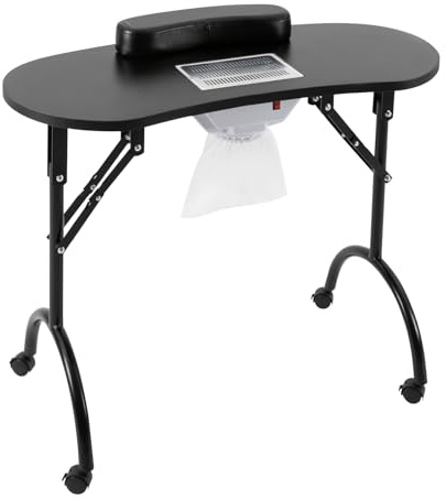 Fällbart nagelbord, manikyrbord, vikbart med hjul, mobilt manikyrbord inkl. påse, handledsdyna, bärväska, för hushåll, nagelstudior, skönhetssalonger (svart)