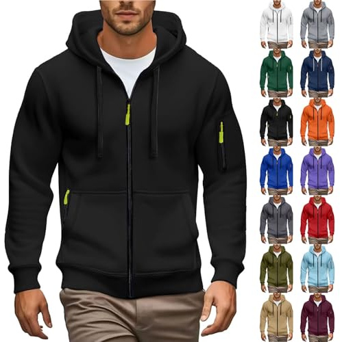 Felpa con cappuccio da uomo con cerniera, in tinta unita, leggera, in pile, con zip intera, da lavoro, a maniche lunghe, per palestra, corsa, sport, viaggi, con tasche segrete, abbigliamento casual