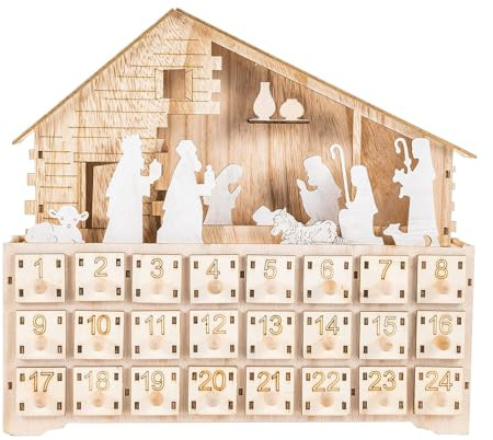 Crèche de Noël – Décoration de Noël en bois 24 jours avec lumière LED | Calendrier compte à rebours pour et adultes en intérieur, vacances, bureau, maison