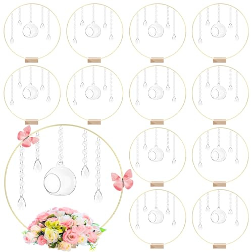 Leinuosen 20 Pack 12'' Metal Floral Hoop Centerpieces Set with Wooden Stand, Hanging Candle Holder, Acrylic Crystal Pendant Garland Crystal Garland String, for DIY Wedding Party Tabletop Decoration