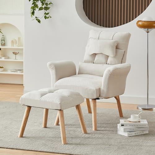TUKAILAi Recliner Armchair with Footstool, Occasional Linen Tub Chair with 6-Position Adjustable Backrest and Headrest,Wooden Legs, Upholstered Accent Chair for Living Room Bedroom Office