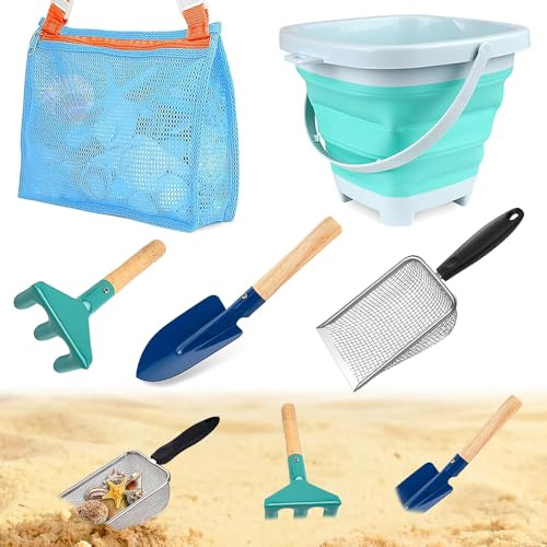 Dhqkqg 5 stycken strandnät spade med nät-strandväska för samling, vikbar hink, metallskopa, metallräfta, sandleksaksset, musslor, för flickor pojkar