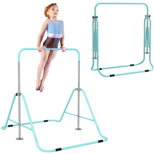 HOMCOM Barra de Gimnasia Artística, Barra Horizontal Plegable, Altura Ajustable, Equipo de Gimnasia para Entrenamiento en Casa, para Niños y Niñas, Azul Celeste