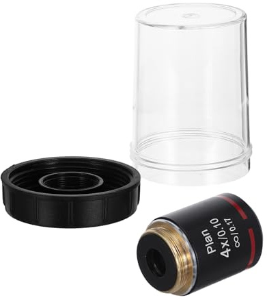 GARIOUANS Objetivo de Microscopio Biológico 4X Negro Corrección de Color, Lente Plana de Vidrio Óptico para Laboratorio Escolar, Análisis Industrial y Observación Científica Precisa