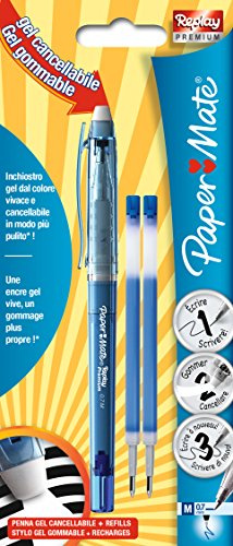 Paper Mate Replay Premium Penna Gel Cancellabile, Punta Media da 0,7 mm, Blu + 2 Refills