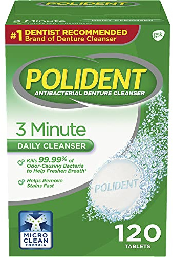 Polident 3 Minute Triple Mint Antibacterial Denture Cleanser Effervescent Tablets, 120 count (Pack of 2)