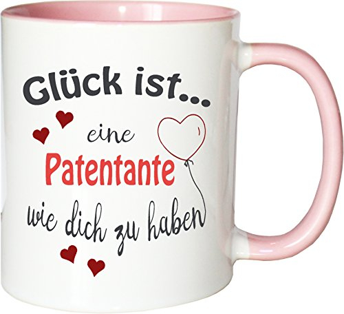 WarmherzIch Becher Tasse Glück ist… Patentante Kaffee Kaffeetasse liebevoll Bedruckt BFF Beste Freundin Schwester Weiß-Rosa