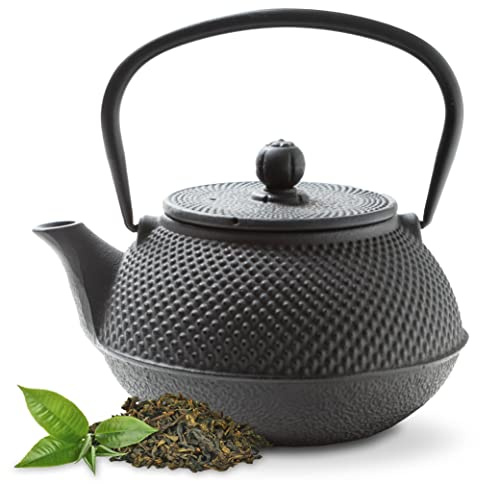 Tealøv Arare TEIERA IN GHISA Smaltata – Teiera Ghisa di Alta Qualità - Con Infusore in Acciaio Inox – Design Elegante, Per Preparare Ottimo Te – Bollitore in Stile Giapponese (800 ml, Nera)