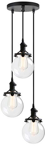 Phansthy Pendelleuchten Industrielle Vintage mit Schalter 3 Lichter Kronleuchter Einbauleuchte mit Glasschirm Globe E27 Edison Hallway Deckenleuchte Pendelleuchten für Wohnzimmer (Schwarz)