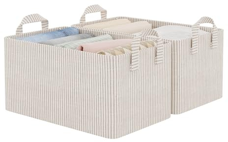 StorageWorks Aufbewahrungskorb Stoff, faltbare Kisten Aufbewahrung für Regale, Aufbewahrung Kleiderschrank mit Metallrahmen, Schrankkörbe mit Griffen, Khaki und Beige Streifen, 2 Stück