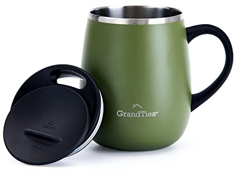Grandties Isolerad kaffekopp med handtag – skjutbart lock för vinglas stänksäkert vinglas, isolerad dubbelväggig vakuumisolerad mugg i rostfritt stål, vakuumisolerad mugg som rymmer 473 ml
