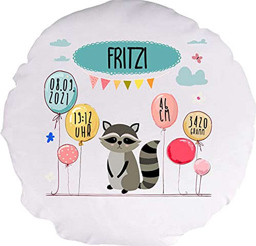Kleckerliese Baby Kinder Kissen Kissenhülle Tiere Motiv, Waschbär mit Wunschname Datum Uhrzeit Gewicht Balon Wolken, 40 cm Farbe Weiß mit Füllung