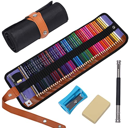 VIKAVAS 50 Colored Pencils Set with Roll Up Canvas Case for Adult Coloring Books, Drawing, Sketching, Pretty Gift