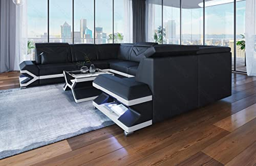 Ledersofa Sorrento in U Form als Wohnlandschaft mit LED Beleuchtung Sofa mit Kopfstützen als Moderne Couch (Lange Seite Links, Schwarz-Weiß)