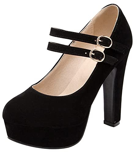 Décolleté Donna, Mary Jane Tacco a Blocco Eleganti Scarpe da Sera Tacco Alto Punta Rotonda con Plateau Fibbia Nero Numero 45 EU