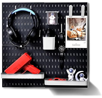 L'essentiel Home and Office Wall Organiser Pegboard 56 * 56cm Black Complete Set (4 Tiles of 28 * 28cm) and Accessories (Black) (Black/White, 4 Panels Set)