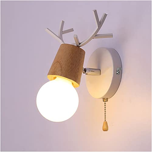 Applique Murale Interieur Créatif avec Interrupteur à Tirette Lampe Murale en Métal Bois Lampe de Mur Art Déco Max 60W E27 pour Chambre à Coucher Chambre D'enfants Restaurant Couloir Escalier,Blanc