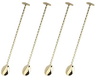 4 Pcs Cocktail Mixing Spoons, Stainless Steel Cocktail Bar Spoon, Long Handle Spiral Stirring Spoon for Cocktail, Coffee, Drink, 28CM (Gold)