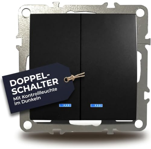 ADELID Doppelschalter Lichtschalter Unterputz 84x84mm | Serienschalter mit Kontrollleuchte | 220-250V 10A IP20 | Schwarz matt Einbau 60mm Dose