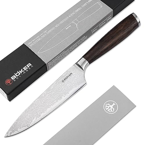 Böker SOLINGEN® Meisterklinge Damast Kochmesser Klein - Profi Küchenmesser mit Holz-Griff aus Räucher-Eiche - kleines Damaskus Chef-Messer mit scharfer 14,5 cm Hybrid-Klinge in edler Geschenk-Bo