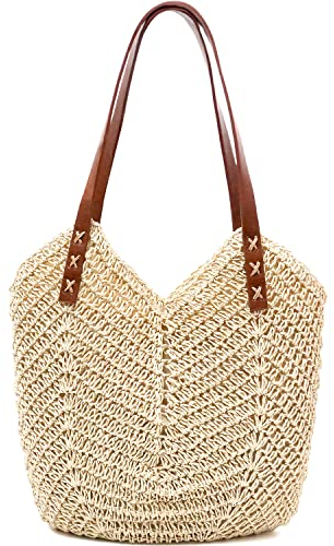 MAMUNU Stroh Handtasche Damen Große, Strohtasche Umhängetasche Reißverschluss, Sommer Strandtasche Damen, Handgewebt Schultertaschen Reisen Urlaub Strand (Beige