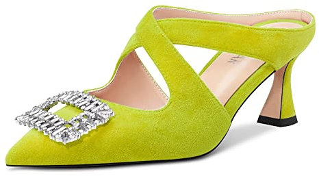 HEUIVZAR Mujer Medio Chunky Ancho Heel Puntiaguada Punta Slingback Sandalias Diamante Cristal Fiesta Dress 6.5 CM Heels Verde Lima Ante 37 EU