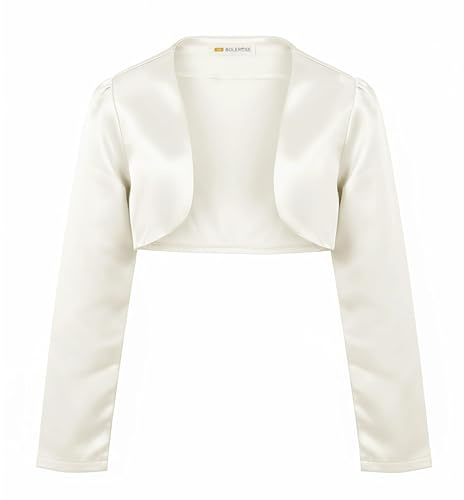 BOLEROSE Girls Satin Long Sleeve Bolero Childrens Kids Shrug (Ivory, 9-10 Years)
