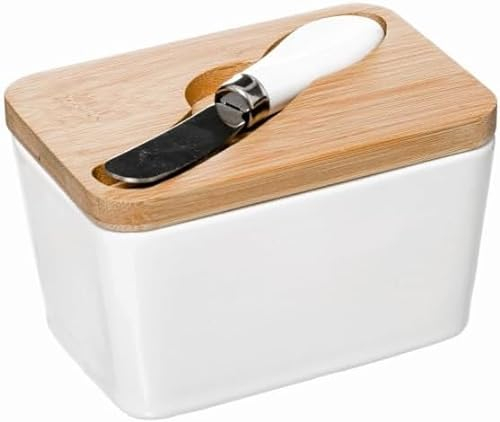 Mantequillera de Porcelana con Cuchillo, Mantequera con Tapa Bambu - Mantequera