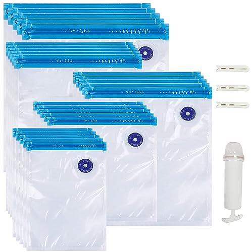 YOUNGSAY 20 Pcs Sac Sous Vide Alimentaire Réutilisable, Sans BPA Sac Mise Sous Vide Alimentaire Reutilisable avec Pompe Manuelle et Clips D'étanchéité (5 Tailles)