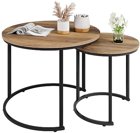 fevarbord Satztisch Couchtisch 2er Set Beistelltisch rund Wohnzimmertisch aus Holz und Metall Kleiner Tisch für Wohnzimmer 40 x 40 cm großer Kaffetisch 60 x 40 cm Natur