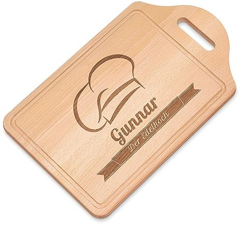Maverton Holz Schneidebrett mit Gravur - personalisiertes Küchenbrett aus Buchenholz - rechteckiges Brotzeitbrett mit Wunschmotiv für Männer - Größe: 38x23 cm - Edelkoch