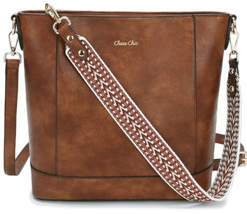 Chase Chic Umhängetasche Damen, PU Leder Handtasche Crossbody Bag Schultertasche,Hobo Tasche Kleine mit 2 verstellbarem Riemen für Alltag Büro Einkauf Braun