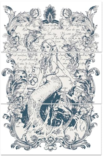 BEUNITONE 3 Sheets Mermaid Rub on Transfers Waterproof Seamaid Furniture Transfers Decal Sea Wave Rub on Decor Transfers 6 x 12 Butterfly Ocean Theme Transfer Stickers for Wood Door Craft Home Decor